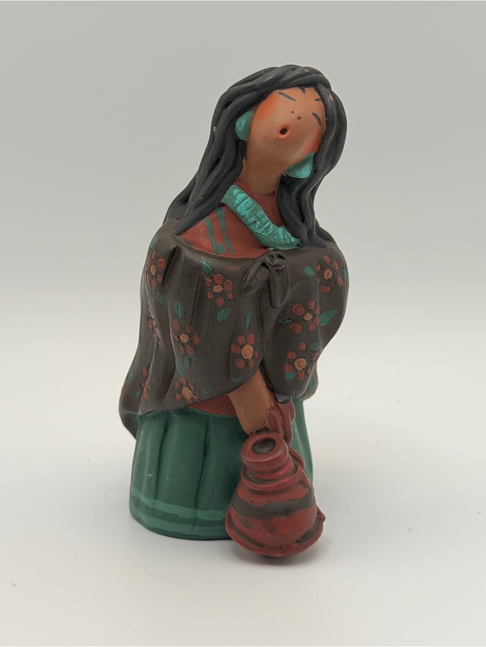 Handcrafted Ceramic Woman Figurine in Black & Green with Turquoise Accents